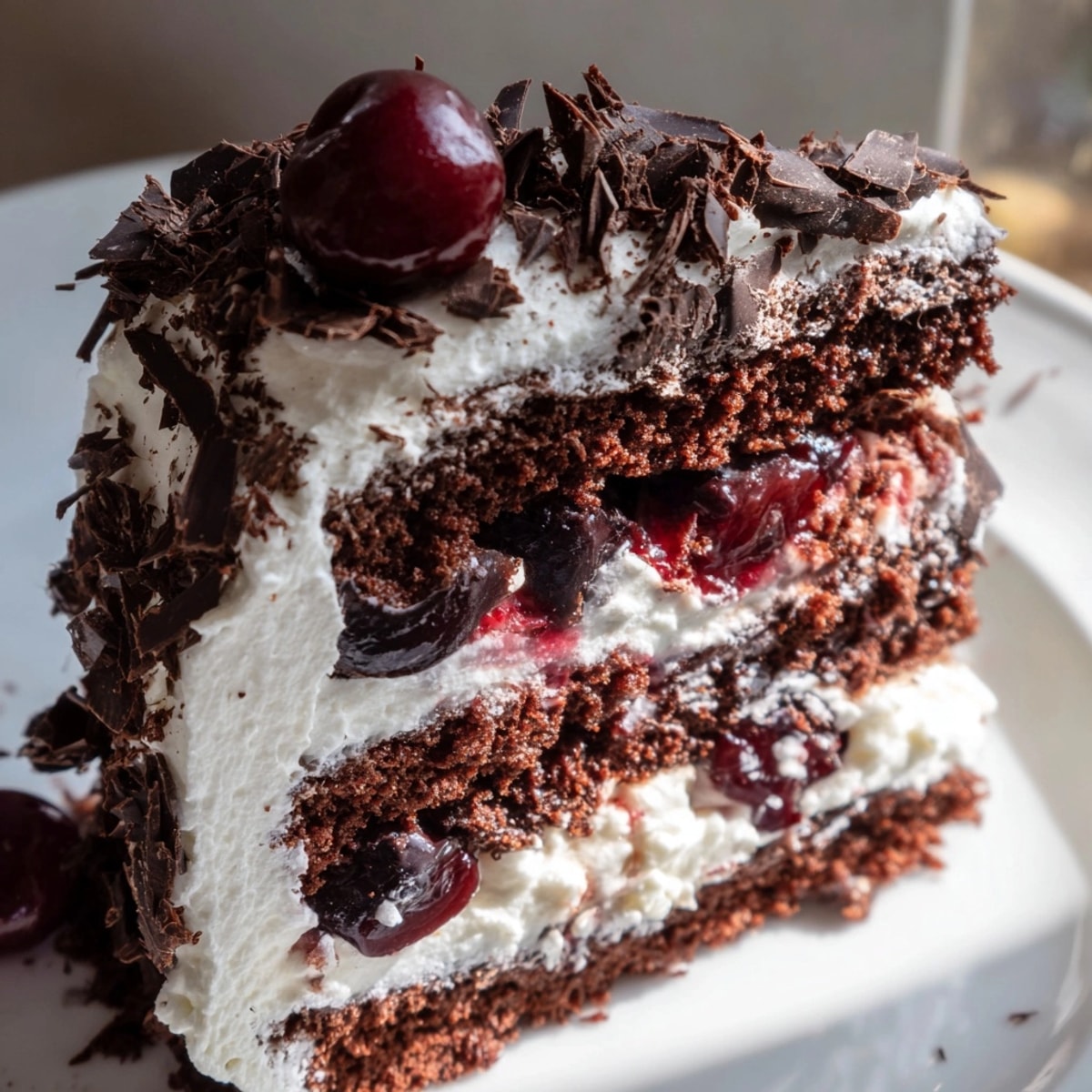 Klassischer Schwarzwälder Kirschtorte mit Schokoladenspänen und frischen Kirschen für ein Fest.
