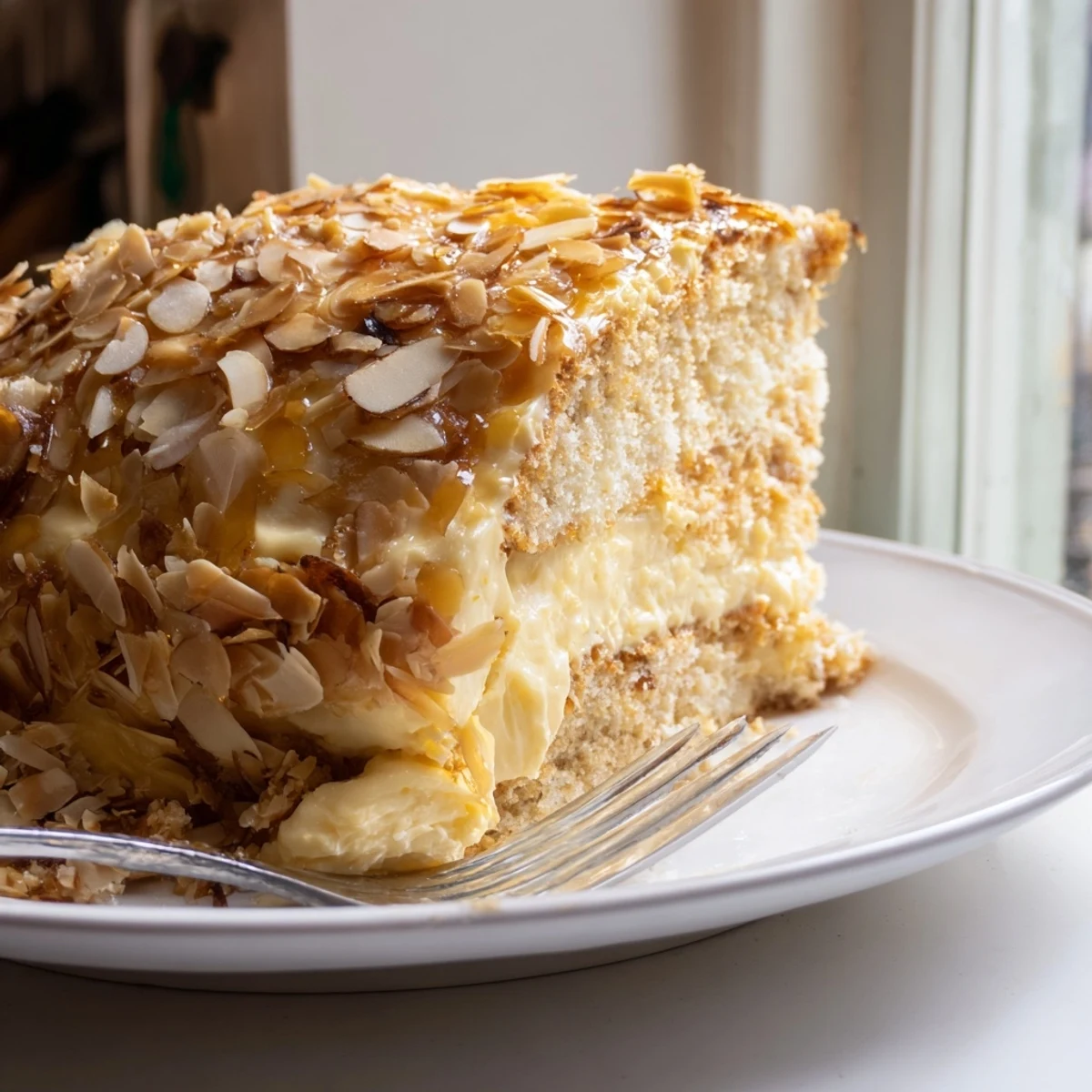 Bee Sting Cake mit sanfter Vanillecreme und karamellisierten Mandeln verführt die Sinne.