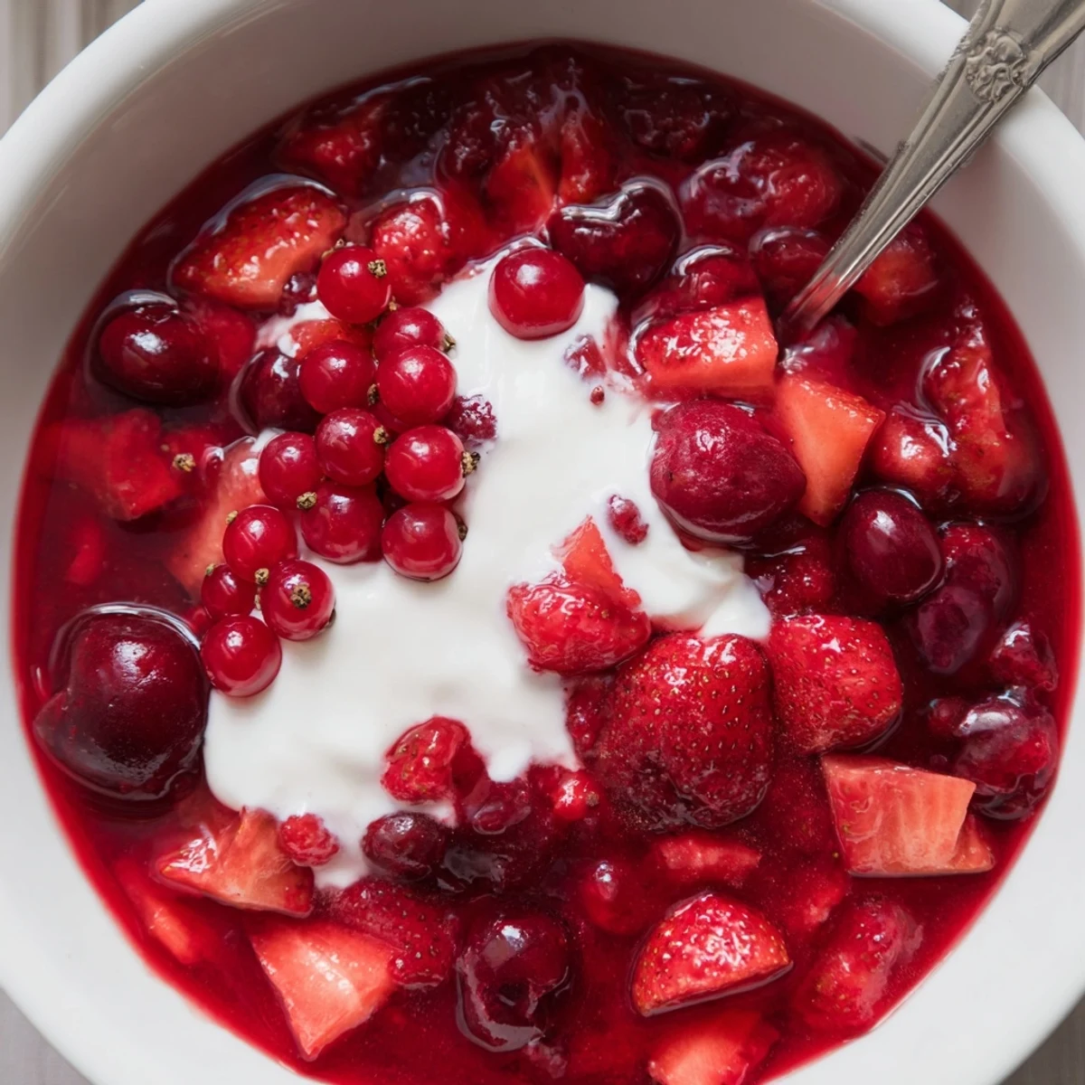 Vibrante rote Beerensüßspeise, serviert in Gläsern mit Sahne.  
