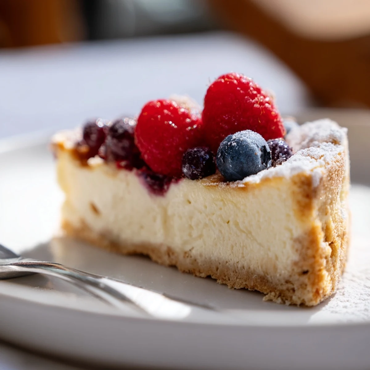 Cremequark-Käsekuchen mit frischen Beeren und Puderzucker verziert.  