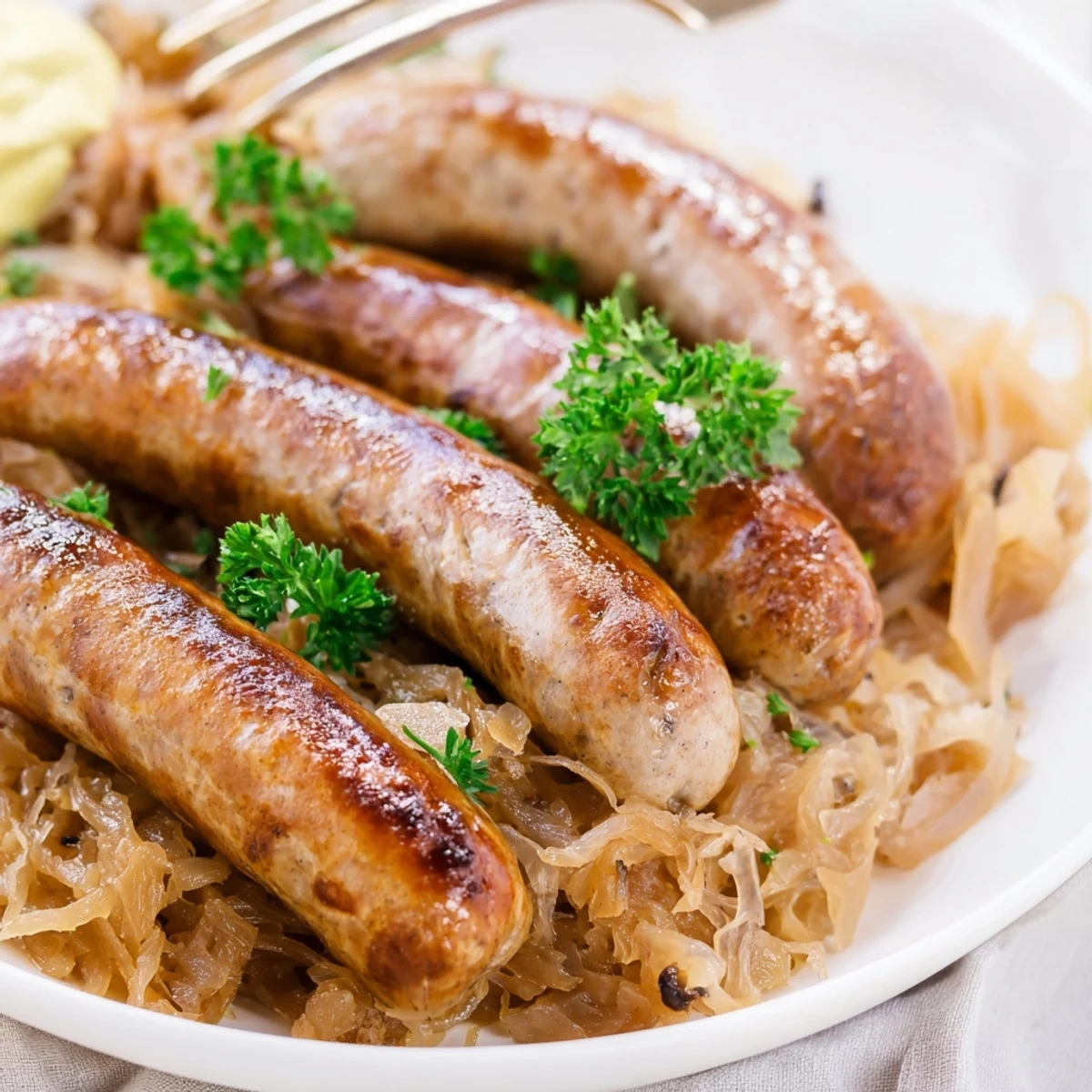 Saftige Bratwürste mit Sauerkraut, Zwiebeln und herzhaften Aromen in einer Pfanne.  