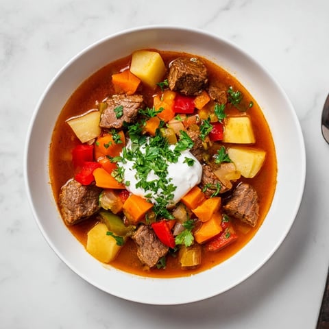 Herzhafter Goulash-Eintopf mit zartem Rindfleisch und buntem Gemüse serviert.  
